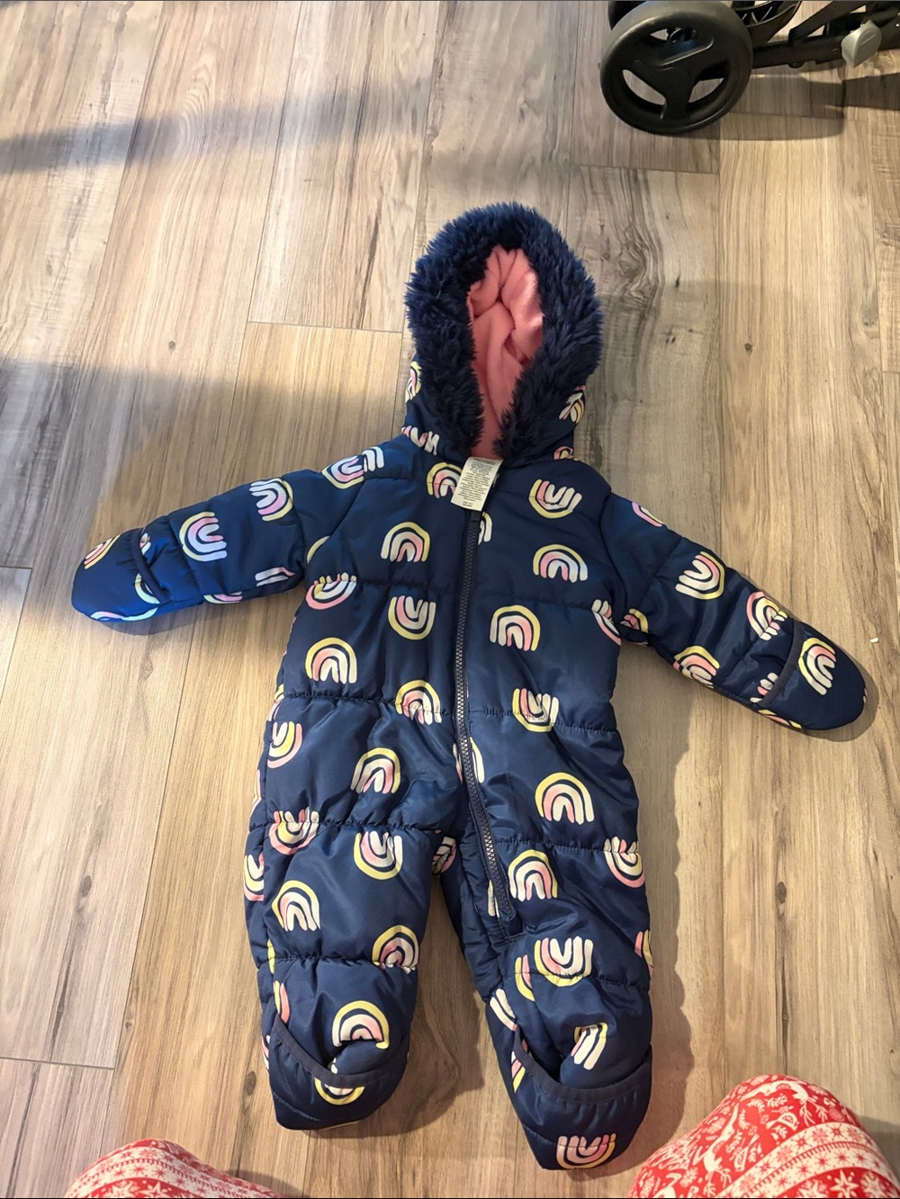 Carter's Navy Puffer Baby Bunting with Pink Lining and Rainbow Print